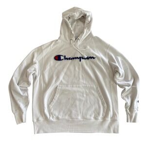 Champion Large White Reverse Weave Embroidered‎ Logo Pullover Hoodie Sweatshirt